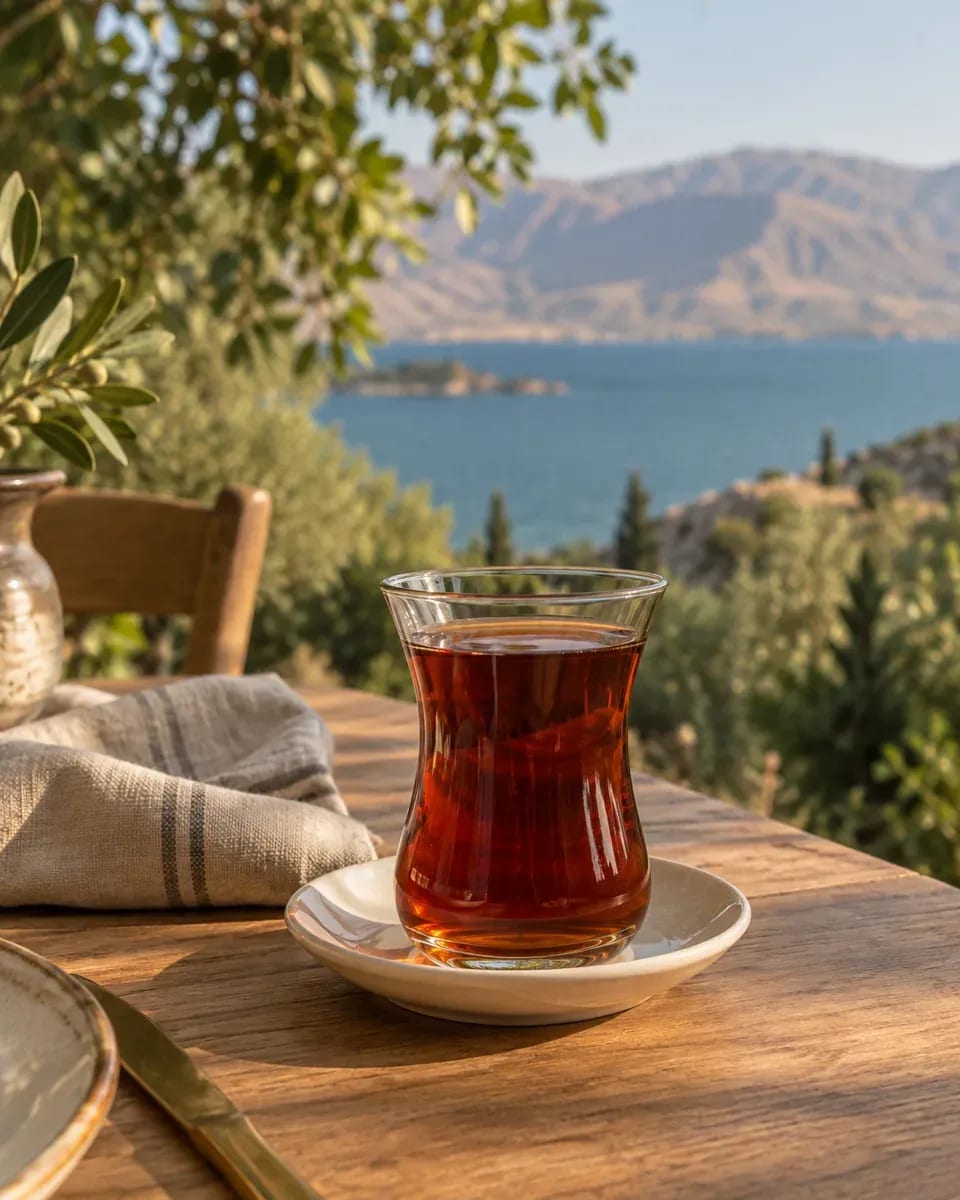 Van Gölü esintili bahçe sofrasında çay ve keten peçete; temsili görsel